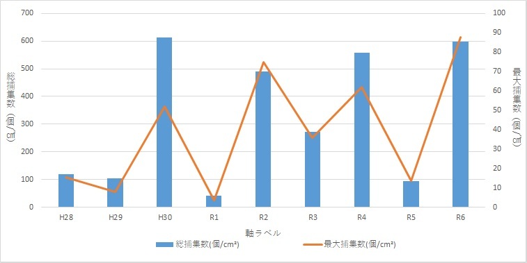 過去のシラカバ花粉総捕集数・最大捕集数データ（R1～R6年）