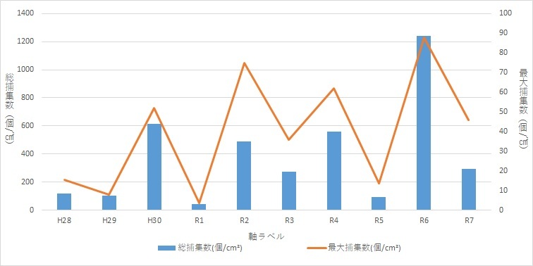 過去のシラカバ花粉総捕集数・最大捕集数データ(R2~R7年)