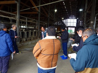カラマツ材を使用した牛舎を見学（小倉牧場）