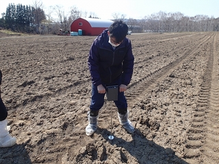 土壌硬度を測定する佐藤普及職員
